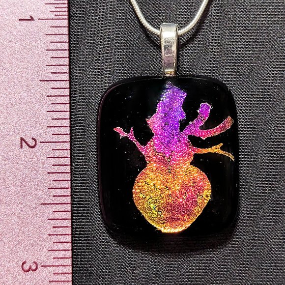 Signed Large SNOWMAN Etch Pink & Purple Dichroic Glass Pendant w/Sterling Chain - Picture 2 of 6